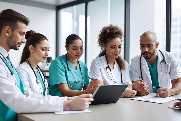 Grupo de trabajadores de la salud con tableta digital reunidos en la sala de juntas del hospital Personal médico durante la sesión informativa de la mañana