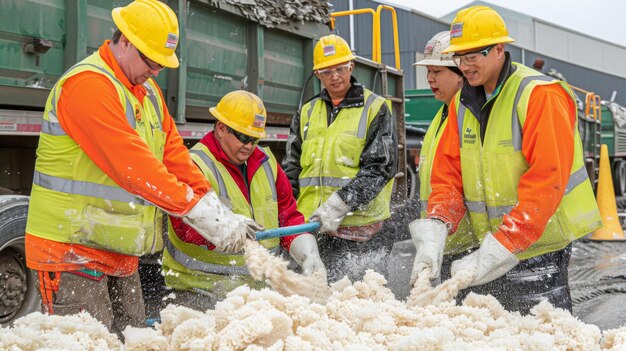 un grupo de trabajadores en un sitio de construcción