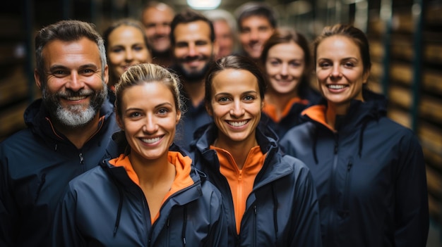 Grupo de trabajadores sonrientes de pie juntos en el almacén de distribución logística Concepto de trabajo en equipo