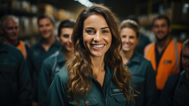 Grupo de trabajadores sonrientes de pie juntos en el almacén de distribución logística Concepto de trabajo en equipo