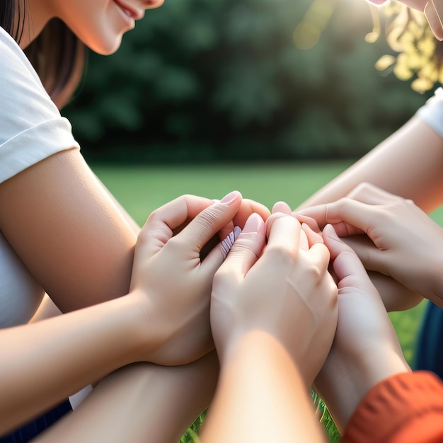 Grupo de trabajo en equipo de amigos para siempre tomados de la mano