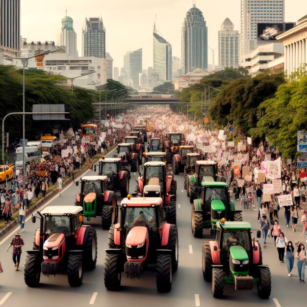 Un grupo de tractores en una carretera de la ciudad una manifestación una protesta de los agricultores en EuropaCrisis económica