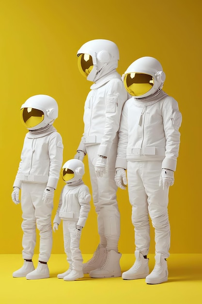 Un grupo de trajes de astronauta están parados uno al lado del otro.