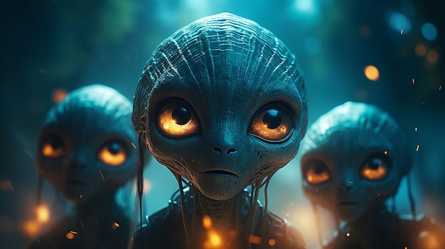 un grupo de tres alienígenas en el fondo de la niebla espacio ficticio gráficos de computadora fantástico