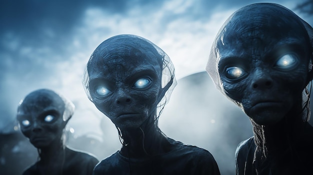 un grupo de tres alienígenas en el fondo de la niebla espacio ficticio gráficos de computadora fantástico