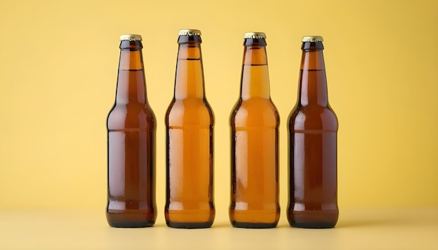 Grupo de tres botellas de cerveza aisladas sobre un fondo amarillo