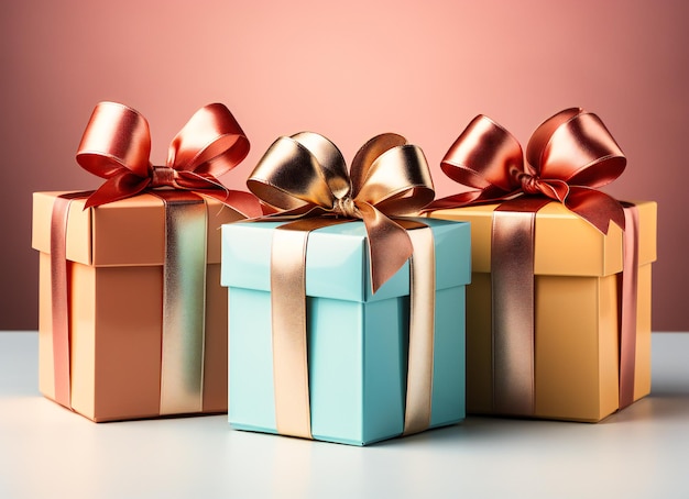 un grupo de tres cajas de regalo sobre un fondo marrón