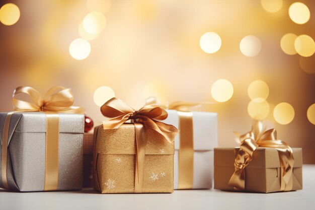 un grupo de tres cajas de regalos con arcos de oro