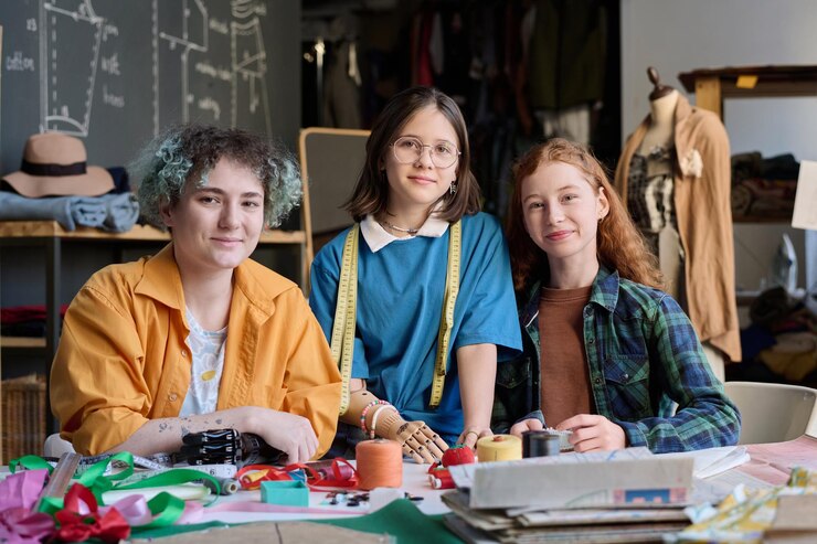 Foto grupo de tres chicas en la clase de sastrería