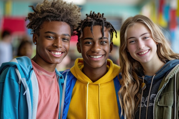 Foto grupo de tres estudiantes adolescentes felices en ropa brillante ai generado