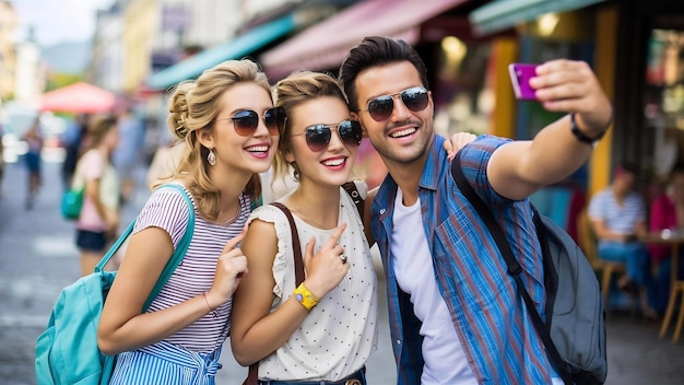 Grupo de tres jóvenes amigos con estilo en la calle