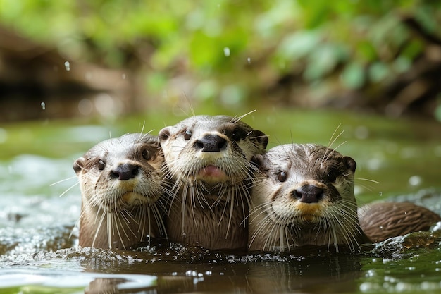 Foto un grupo de tres nutrias se puede ver nadando en un río deslizándose sin esfuerzo a través del agua un trío de adorables nutrias nadando en un río generado por ia