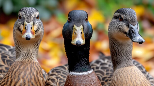 Un grupo de tres patos de pie juntos