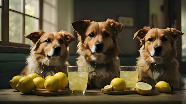 Foto grupo de tres perros con vasos llenos de jugo de limón colocados frente a los cachorros