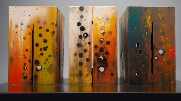 Un grupo de tres piezas de metal con diferentes colores y las palabras 'vidrio' en la parte inferior.