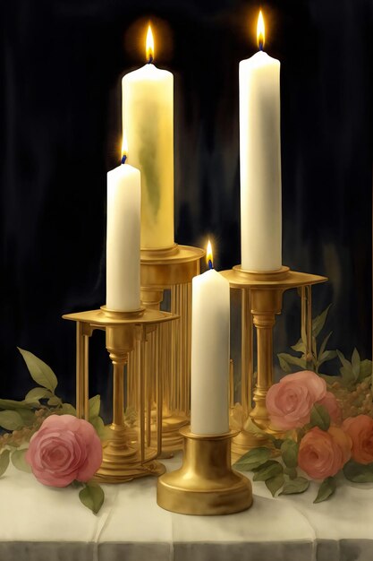 un grupo de tres velas sentado encima de una mesa