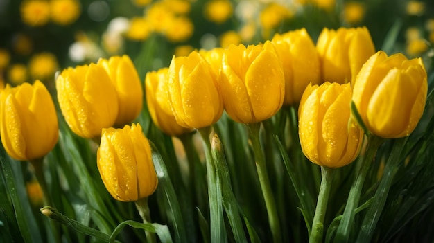 Grupo de tulipanes amarillos con gotas de agua en sus pétalos