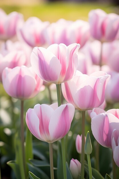 Un grupo de tulipanes rosados y blancos