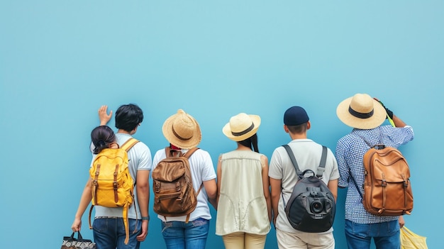 un grupo de turistas están de pie con un fondo azul pastel con espacio de copia AI generativa