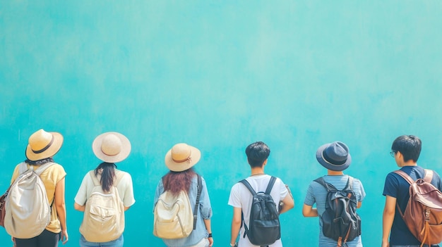 un grupo de turistas están de pie con un fondo azul pastel con espacio de copia AI generativa