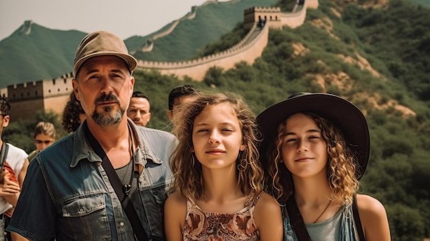 Grupo de turistas europeos en la Gran Muralla China padre con sus dos hijas IA generativa