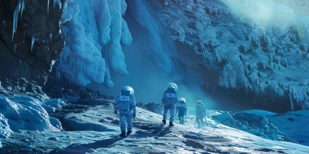 Foto un grupo de turistas en trajes espaciales explorando los géiseres helados de encelado, una de las lunas de saturno.