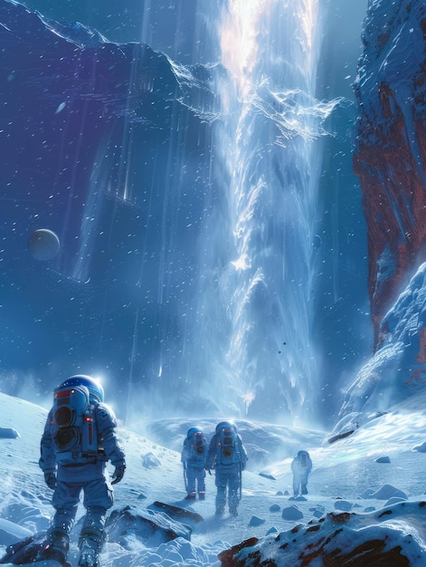 Foto un grupo de turistas en trajes espaciales explorando los géiseres helados de encelado, una de las lunas de saturno.