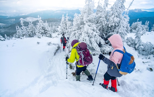 Grupo turístico en montañas nevadas trekking a lo largo de la ruta