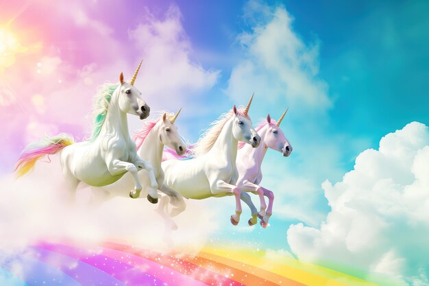 Foto un grupo de unicornios bajando por una rampa arco iris lanzándose a un cielo mágico