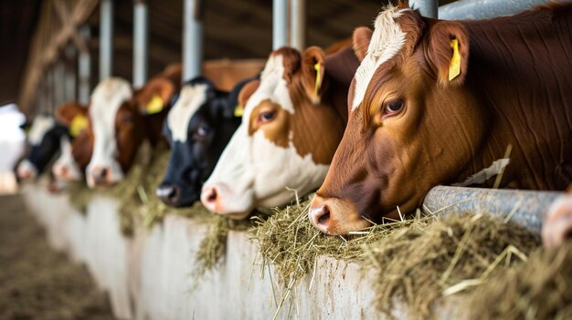 Foto grupo de vacas en el establo comiendo heno o forraje en la granja lechera ai generative