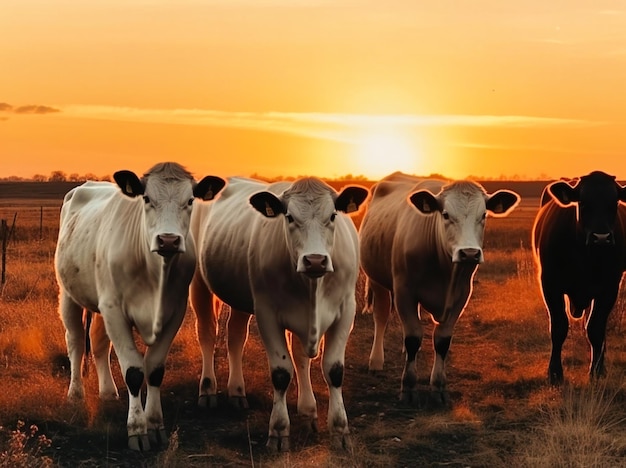 Un grupo de vacas de pie cerca de una puesta de sol.