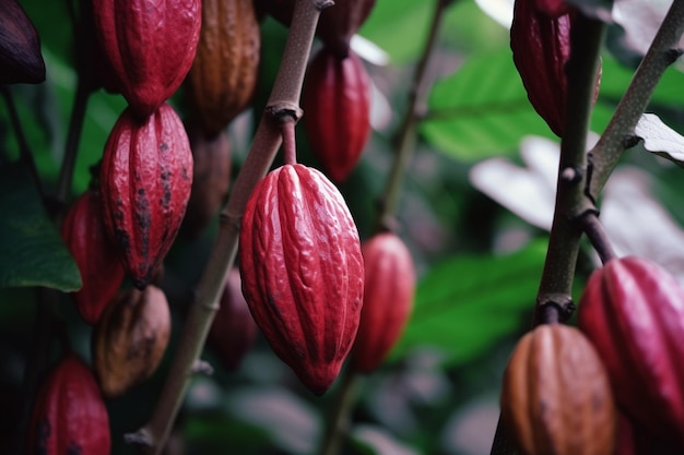 Foto grupo de vaina de cacao en el fondo de un árbol de hojas verdes