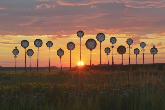 Foto un grupo de varios relojes colocados en la hierba que tiquetean pacíficamente mientras la naturaleza los rodea en un entorno sereno