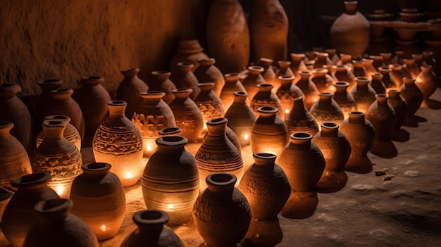 Un grupo de vasijas de barro se iluminan con velas.