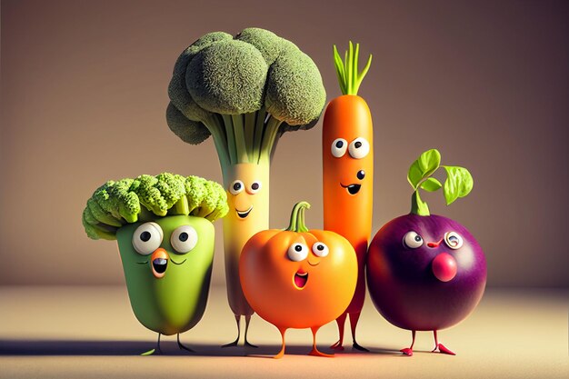 un grupo de vegetales con uno de ellos tiene una cara dibujada.