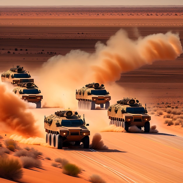 Un grupo de vehículos militares circula por una carretera polvorienta.