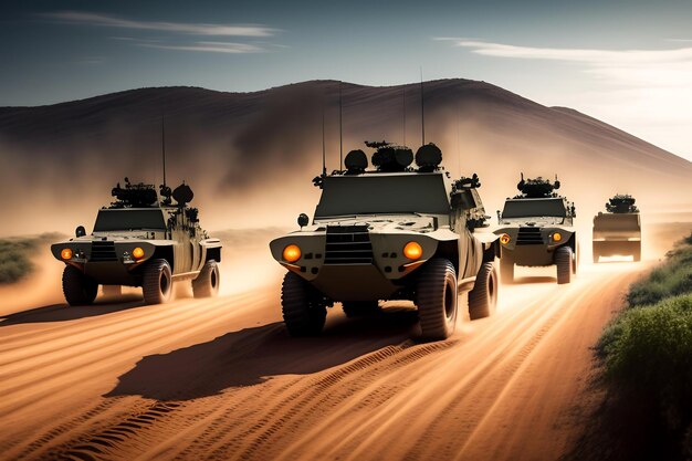 Un grupo de vehículos militares circula por una carretera polvorienta.
