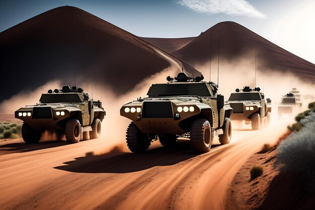 Un grupo de vehículos militares circula por una carretera polvorienta.