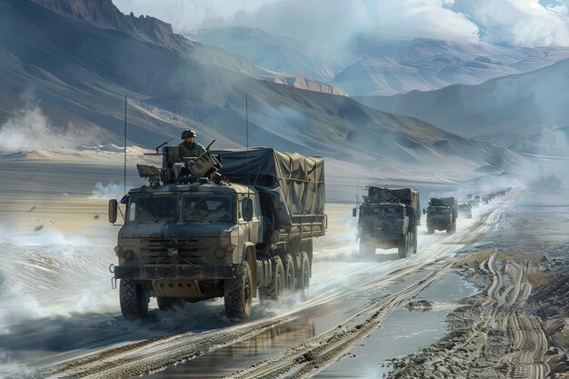 Foto un grupo de vehículos militares conduciendo por una carretera