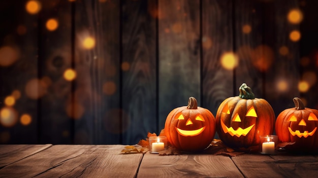 Grupo de velas de calabazas jackolantern con un lugar para texto Fondo de Halloween IA generativa