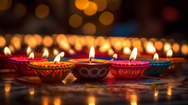 Un grupo de velas encendidas frente a un fondo de luces.