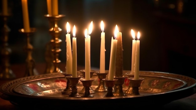 Un grupo de velas se encienden en una habitación oscura.