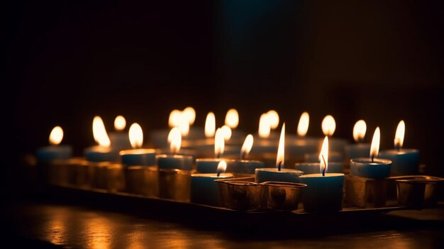 Un grupo de velas se encienden en una habitación oscura.