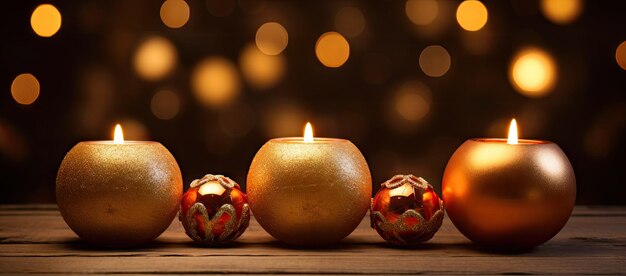 Grupo de velas de oro en una mesa de madera