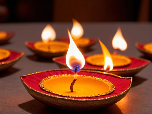 Un grupo de velas pequeñas con una vela encendida