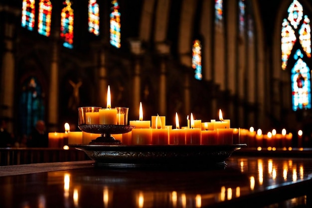 un grupo de velas que están en una mesa con una cruz en el medio