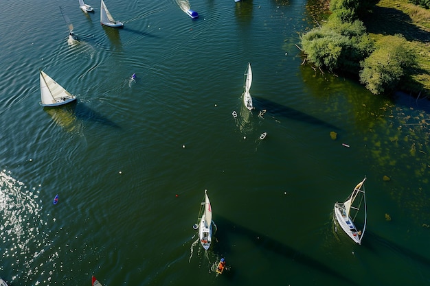 Un grupo de veleros están flotando en una gran masa de agua