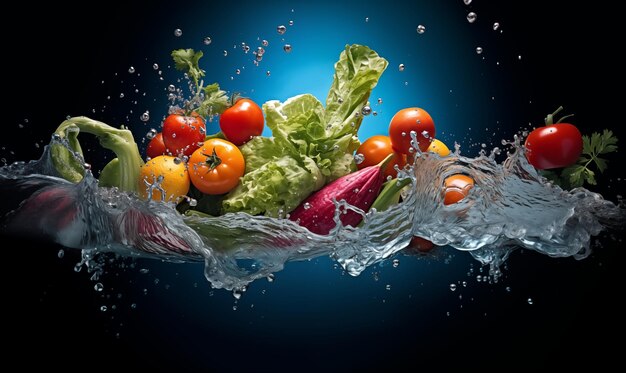 grupo de verduras en el agua salpicando en el agua