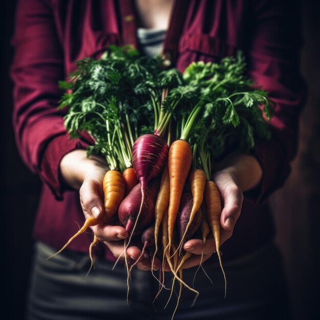 Grupo de verduras en manos de mujeres Zanahorias y remolachas orgánicas IA generativa