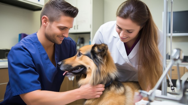 Grupo de veterinarios examina al perro en la clínica Creado con tecnología de IA generativa